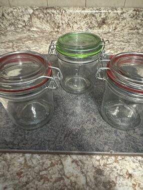 Set of 3 Glass Clip-Top Jars with Red and Green Seals